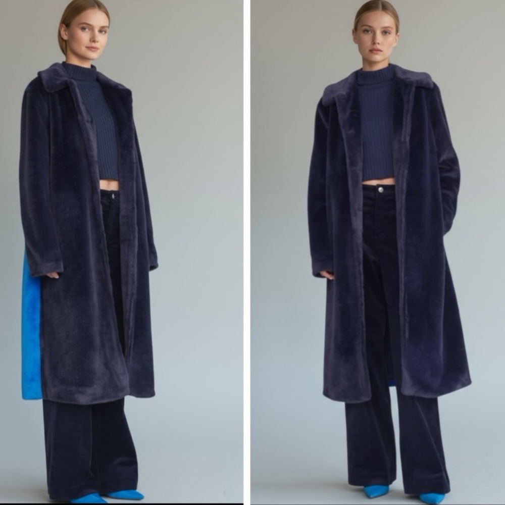 NWT STAUD Dubois Faux Fur Long Coat in Navy/ Director Blue Size XS